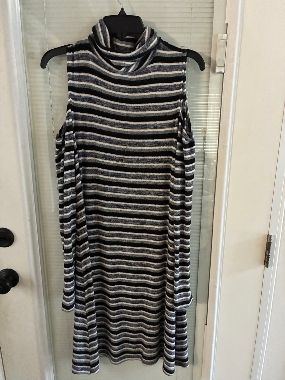American Eagle Striped Cold-Shoulder Turtleneck Knit Dress - Black, Gray, White